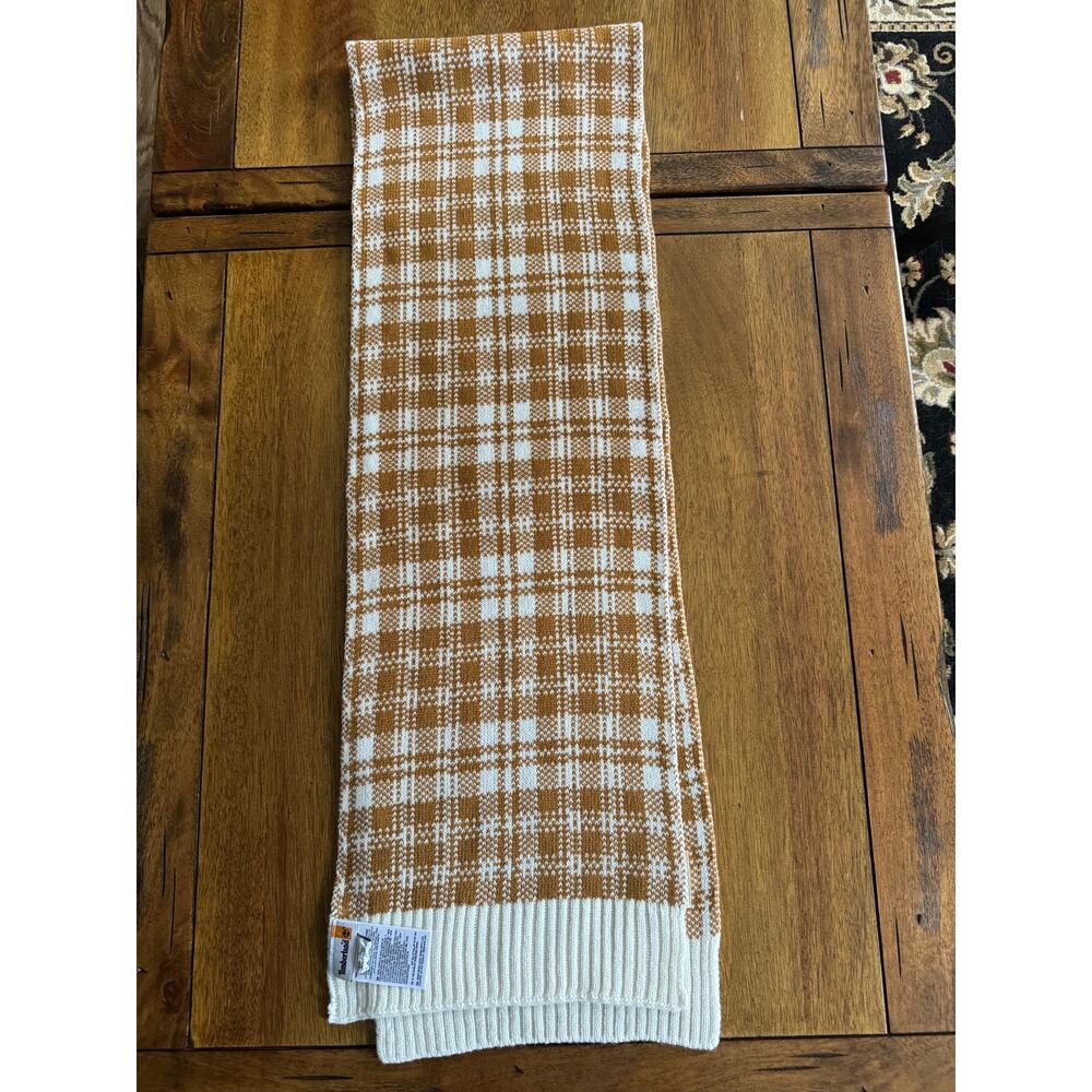 Timberland Brown & White Plaid Knit Scarf One Size Winter Accessory - Picture 8 of 13